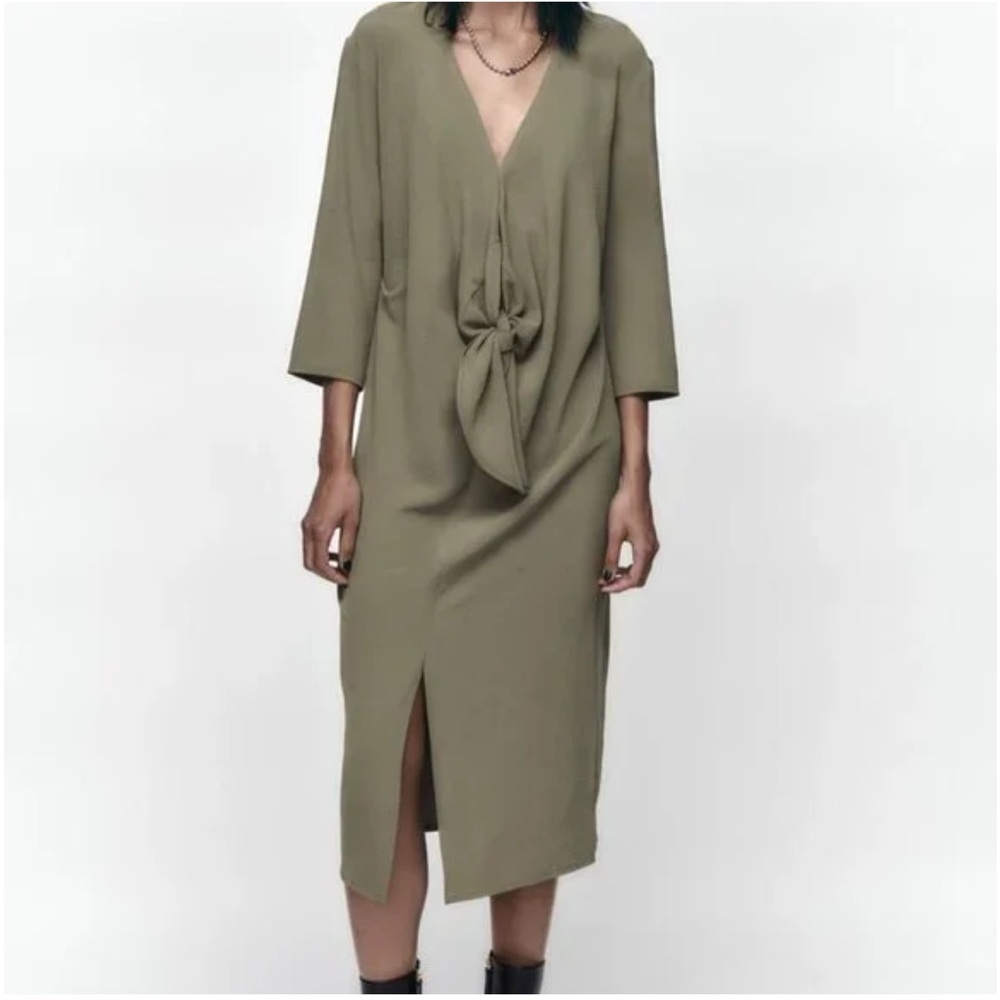 NWT Zara Minimalist Front Knot Loose Fitted Midi Dress Olive Green Sz M